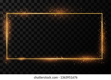  Golden frame with lights effects. Shining rectangle banner. Isolated on black transparent background. Vector illustration, eps 10
