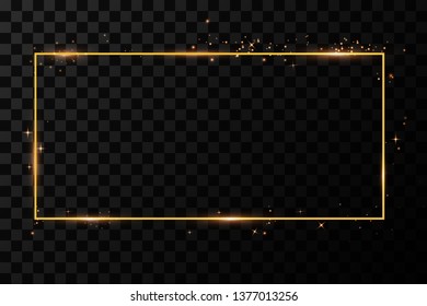  Goldener Rahmen mit Lichteffekten. Leuchtender Rechteckbanner. Einzeln auf schwarz-transparentem Hintergrund. Vektorgrafik, eps10
