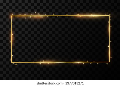  Golden frame with lights effects. Shining rectangle banner. Isolated on black transparent background. Vector illustration, eps 10
