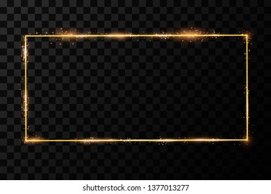  Golden frame with lights effects. Shining rectangle banner. Isolated on black transparent background. Vector illustration, eps 10
