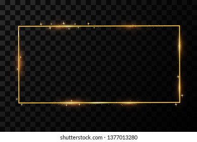  Golden frame with lights effects. Shining rectangle banner. Isolated on black transparent background. Vector illustration, eps 10
