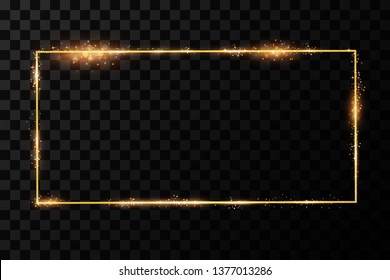  Golden frame with lights effects. Shining rectangle banner. Isolated on black transparent background. Vector illustration, eps 10
