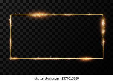  Golden frame with lights effects. Shining rectangle banner. Isolated on black transparent background. Vector illustration, eps 10
