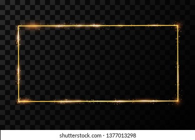  Golden frame with lights effects. Shining rectangle banner. Isolated on black transparent background. Vector illustration, eps 10
