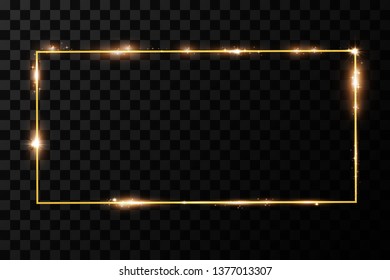  Golden frame with lights effects. Shining rectangle banner. Isolated on black transparent background. Vector illustration, eps 10
