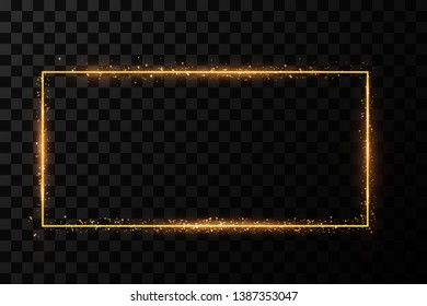 Golden frame with lights effects. Shining rectangle banner. Isolated on black transparent background. Vector illustration, eps 10
