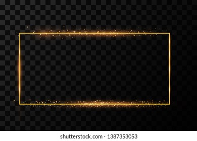  Golden frame with lights effects. Shining rectangle banner. Isolated on black transparent background. Vector illustration, eps 10
