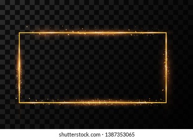  Golden frame with lights effects. Shining rectangle banner. Isolated on black transparent background. Vector illustration, eps 10

