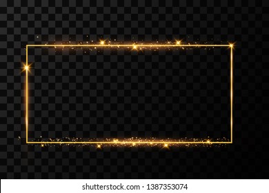  Golden frame with lights effects. Shining rectangle banner. Isolated on black transparent background. Vector illustration, eps 10
