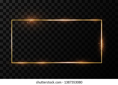  Golden frame with lights effects. Shining rectangle banner. Isolated on black transparent background. Vector illustration, eps 10
