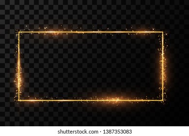  Golden frame with lights effects. Shining rectangle banner. Isolated on black transparent background. Vector illustration, eps 10

