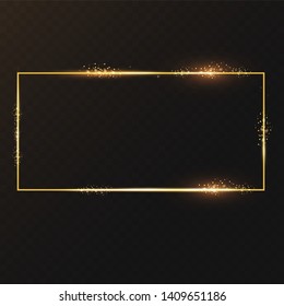  Golden frame with lights effects. Shining rectangle banner. Isolated on black transparent background. Vector illustration, eps 10

