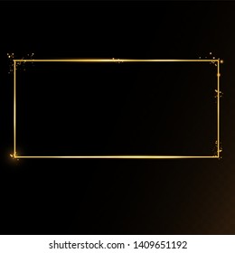  Golden frame with lights effects. Shining rectangle banner. Isolated on black transparent background. Vector illustration, eps 10

