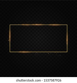  Golden frame with lights effects. Shining rectangle banner. Isolated on black transparent background. Vector illustration, eps 10
