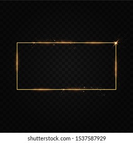  Golden frame with lights effects. Shining rectangle banner. Isolated on black transparent background. Vector illustration, eps 10
