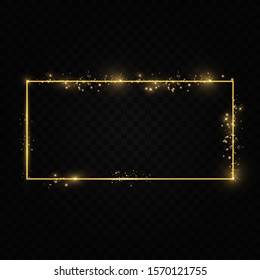  Golden frame with lights effects. Shining rectangle banner. Isolated on black transparent background. Vector illustration, eps 10