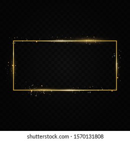  Golden frame with lights effects. Shining rectangle banner. Isolated on black transparent background. Vector illustration, eps 10