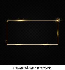  Golden frame with lights effects. Shining rectangle banner. Isolated on black transparent background. Vector illustration, eps 10