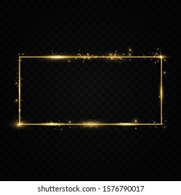  Golden frame with lights effects. Shining rectangle banner. Isolated on black transparent background. Vector illustration, eps 10
