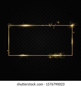  Golden frame with lights effects. Shining rectangle banner. Isolated on black transparent background. Vector illustration, eps 10