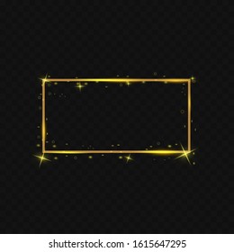 Golden frame with lights effects. Shining rectangle banner. Isolated on black transparent background. Vector illustration