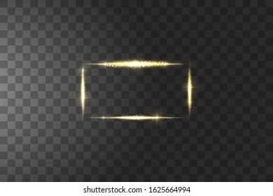 Golden frame with lights effects. Shining luxury banner vector illustration. Glow line golden frame with sparks and spotlight light effects. Shining rectangle banner isolated on black transparent