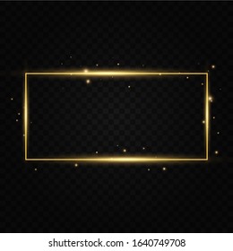  Golden frame with lights effects. Shining rectangle banner. Isolated on black transparent background. Vector illustration, eps 10