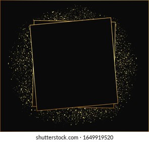  golden frame with lights effects. Shining rectangle banner. Isolated on black background