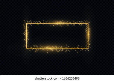 Golden frame with lights effects. Shining rectangle banner. Isolated on black transparent background. Vector illustration, eps 10 
