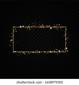  Golden frame with lights effects. Shining rectangle banner. Isolated on black transparent background. Vector illustration, eps 10