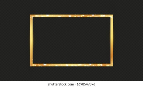  Golden frame with lights effects. Shining rectangle banner. Isolated on black transparent background. Vector illustration, eps 10