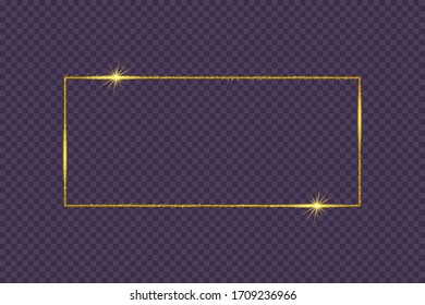 Golden frame with lights effects. Shining rectangle banner. Isolated on black transparent background. Vector illustration, eps 10
