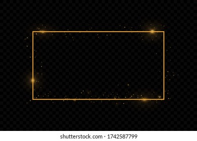 Golden frame with lights effects. Shining rectangle banner. Isolated on black transparent background. Vector illustration, eps 10