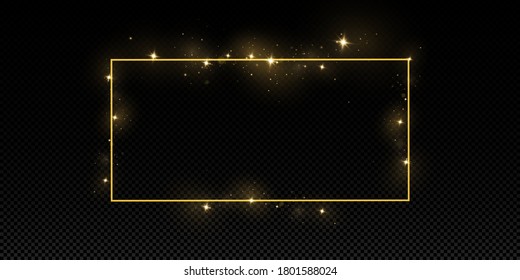  Golden frame with lights effects. Shining rectangle banner. Isolated on black transparent background. Vector illustration, eps 10