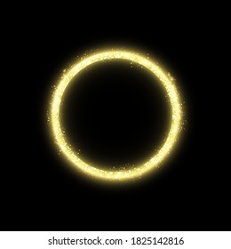 Golden frame with lights effects. Shining circle banner. Isolated on black background. Vector illustration