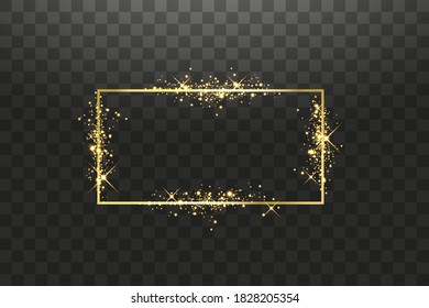 Golden frame with lights effects. Shining rectangle banner. Isolated on black background. Vector illustration