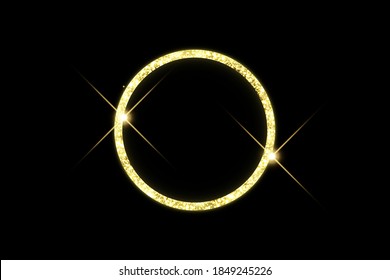 Golden frame with lights effects. Shining circle banner. Isolated on black background. Vector illustration