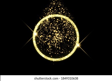 Golden frame with lights effects. Shining circle banner. Isolated on black background. Vector illustration