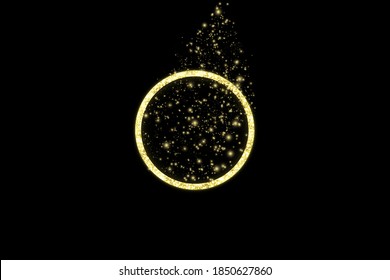 Marco dorado con efectos de luces. Banner de círculo brillante. Aislado sobre fondo negro. Ilustración del vector