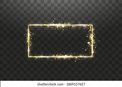 Golden frame with lights effects. Shining rectangle banner. Isolated on transparent background. Vector illustration