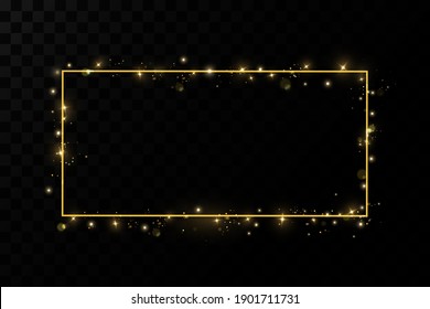  Golden frame with lights effects. Shining rectangle banner. Isolated on black transparent background. Vector illustration, eps 10