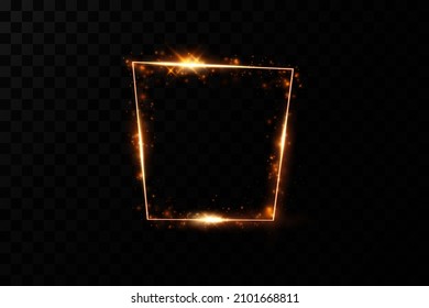  Golden frame with lights effects. Shining rectangle banner. Isolated on black transparent background. Vector illustration, eps 10