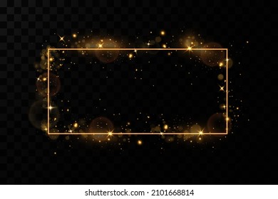  Golden frame with lights effects. Shining rectangle banner. Isolated on black transparent background. Vector illustration, eps 10