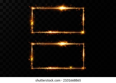  Golden frame with lights effects. Shining rectangle banner. Isolated on black transparent background. Vector illustration, eps 10