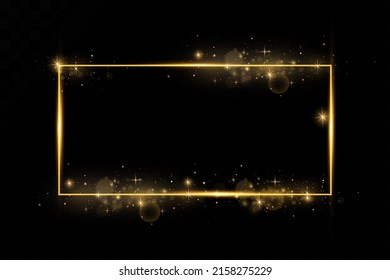  Golden frame with lights effects. Shining rectangle banner. Isolated on black transparent background. Vector illustration, eps 10