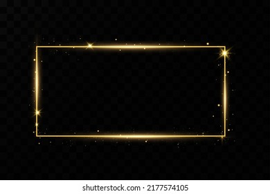 Golden frame with lights effects. Shining rectangle banner. Isolated on black transparent background. Vector illustration, eps 10