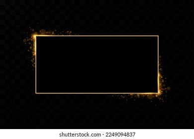  Golden frame with lights effects. Shining rectangle banner. Isolated on black transparent background. Vector illustration, eps 10