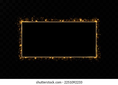  Golden frame with lights effects. Shining rectangle banner. Isolated on black transparent background. Vector illustration, eps 10
