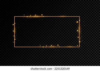  Golden frame with lights effects. Shining rectangle banner. Isolated on black transparent background. Vector illustration, eps 10