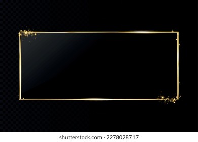  Goldener Rahmen mit Lichteffekten. Leuchtender Rechteckbanner. Einzeln auf schwarz-transparentem Hintergrund. Vektorgrafik, eps10